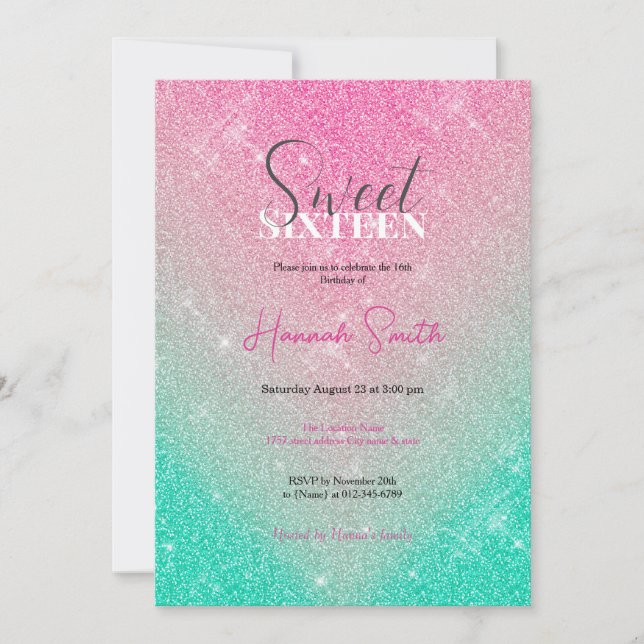 Elegant Sparkling Glitter Pink Mint Gradient Invitation (Front)