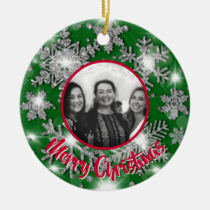 Elegant sparkling glitter snowflake photo template ceramic tree decoration