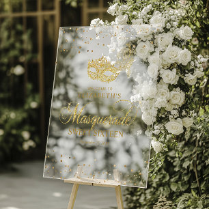 Elegant Sparkling Gold Glitter Masquerade Party Acrylic Sign