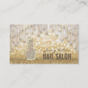 Elegant sparkling gold glittery drips nails business card