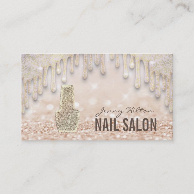 Elegant sparkling gold glittery drips nails business card (Front)