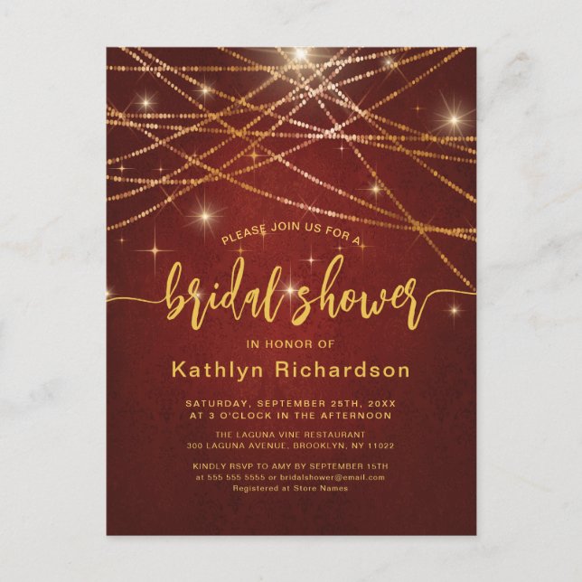 Elegant Sparkling Gold String Lights Bridal Shower Invitation Postcard (Front)