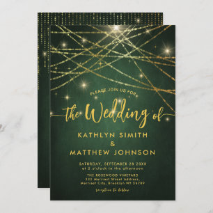 Elegant Sparkling Gold String Lights Green Wedding Invitation