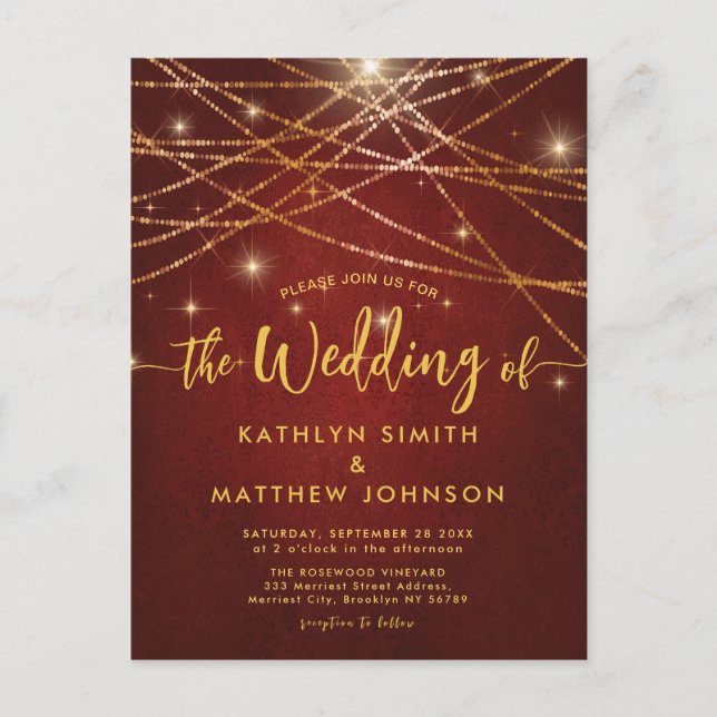 Elegant Sparkling Gold String Lights Wedding Invitation Postcard (Front)