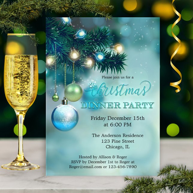 Elegant Sparkling Lights Christmas Dinner Party Invitation (Christmas invitation featuring a teal turquoise design with sparkling lights, baubles and pine twigs)