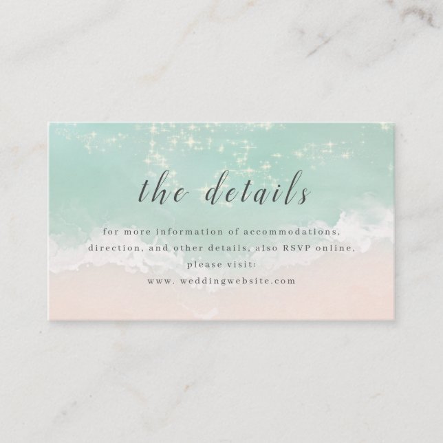 Elegant sparkling ocean beach wedding details place card (Front)