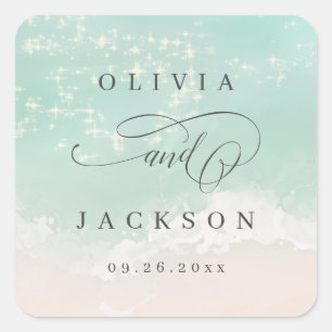Elegant sparkling ocean beach wedding favour square sticker