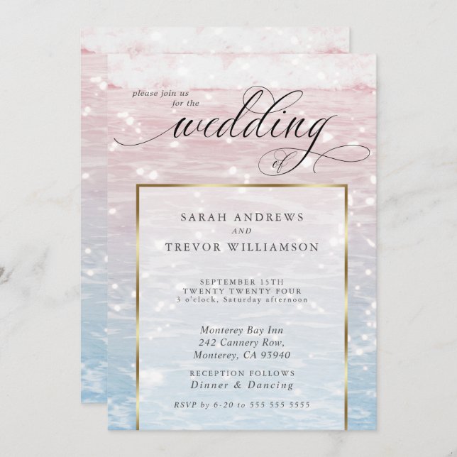 Elegant Sparkling Ocean Beach Wedding  Invitation (Front/Back)