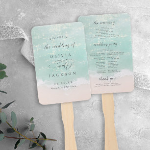 Elegant sparkling ocean beach wedding programs hand fan