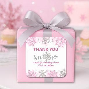 Elegant Sparkling Pink Snow Thank You Snow Much Square Sticker