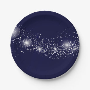 Elegant Sparkling Stars on Navy Blue Paper Plate