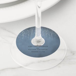 Elegant Sparkling String Lights Denim Blue Wedding Wine Glass Tag