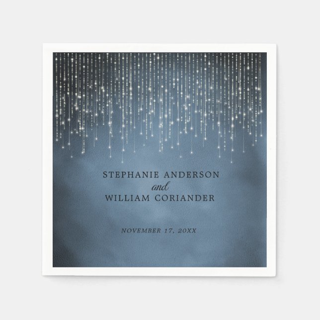 Elegant Sparkling String Lights Navy Blue Wedding Napkin (Front)