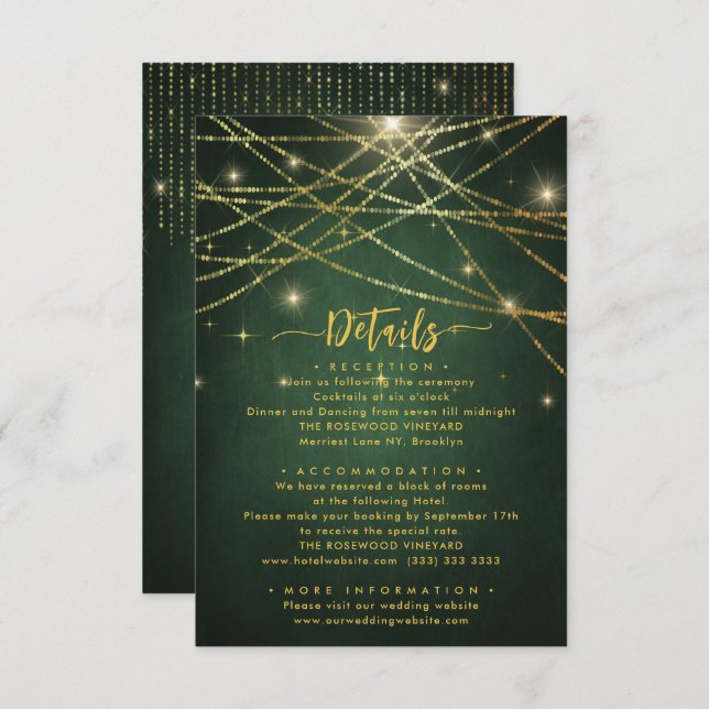 Elegant Sparkling String Lights Wedding Details Enclosure Card (Front/Back)