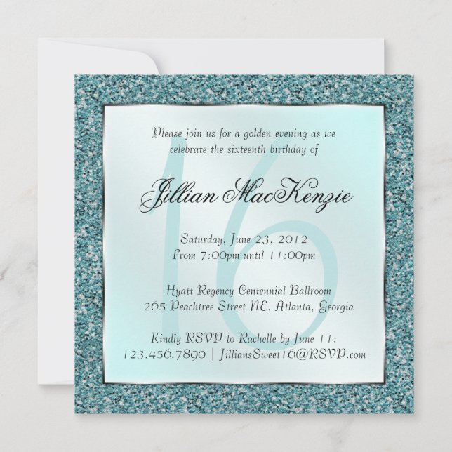 Elegant Sparkling Teal Sweet 16 Glitter Invite (Front)