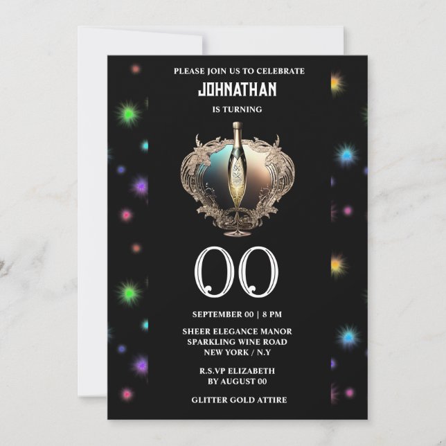 Elegant sparkling wine fireworks any age birthday invitation (Front)