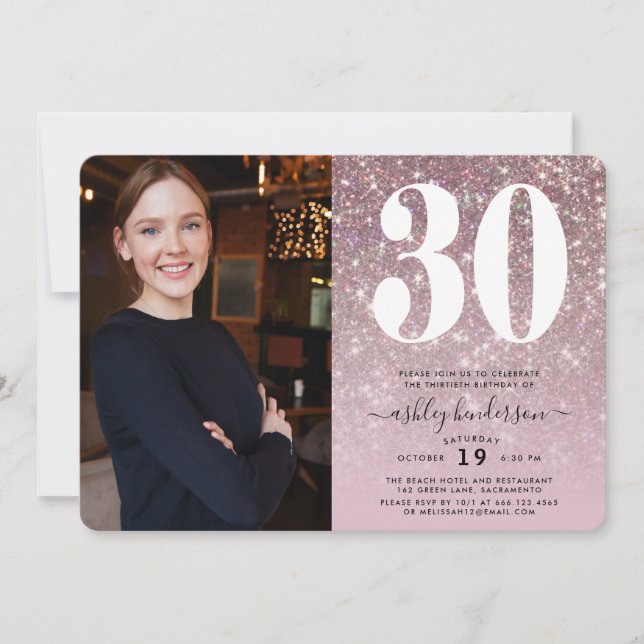 Elegant Sparkly 30th Birthday Party Photo Invitation (Front)