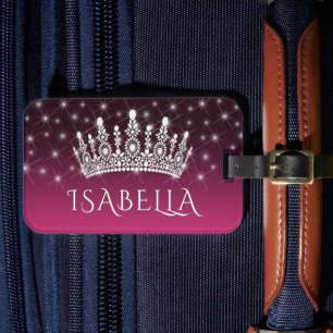 Elegant Sparkly Crown & Stars Hot Pink & Black Luggage Tag