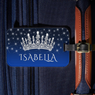 Elegant Sparkly Crown & Stars Royal Blue Monogram Luggage Tag