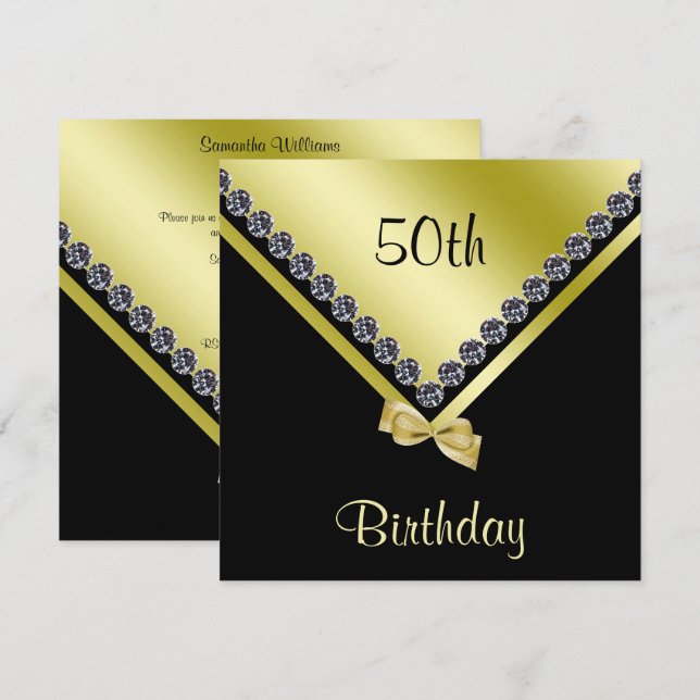 Elegant Sparkly Diamonds & Gold Bow 50th Birthday Invitation (Front/Back)