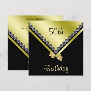 Elegant Sparkly Diamonds & Gold Bow 50th Birthday Invitation
