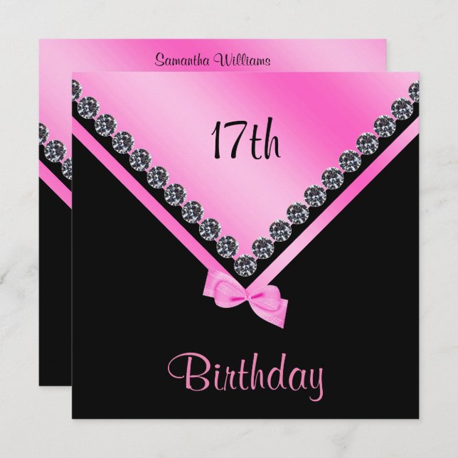 Elegant Sparkly Diamonds & Pink Bow 17th Birthday Invitation (Front/Back)