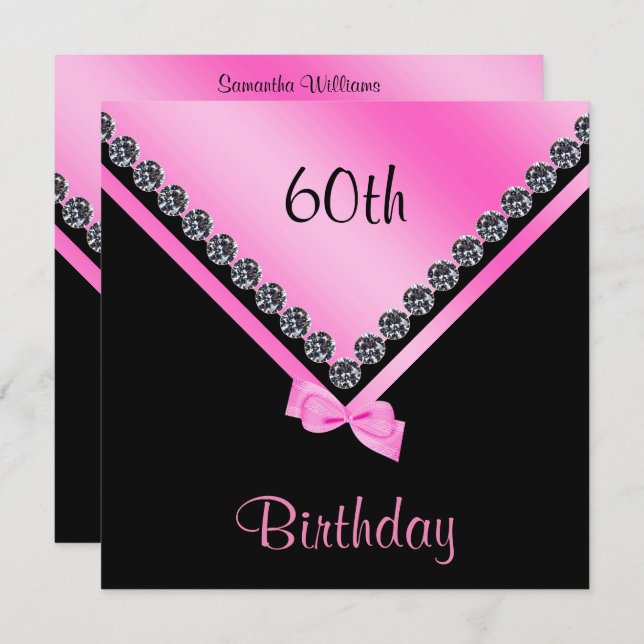 Elegant Sparkly Diamonds & Pink Bow 60th Birthday Invitation (Front/Back)