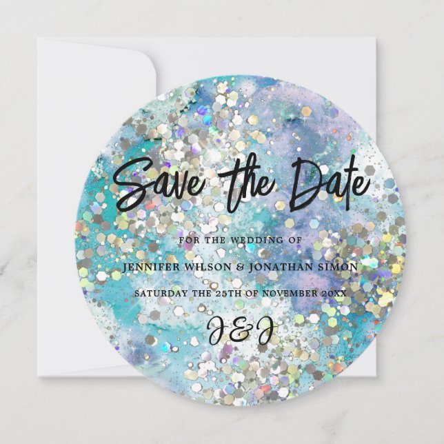 Elegant Sparkly Glitter Blue Teal Save The Date (Front)