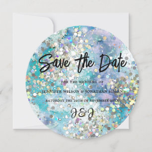 Elegant Sparkly Glitter Blue Teal Save The Date