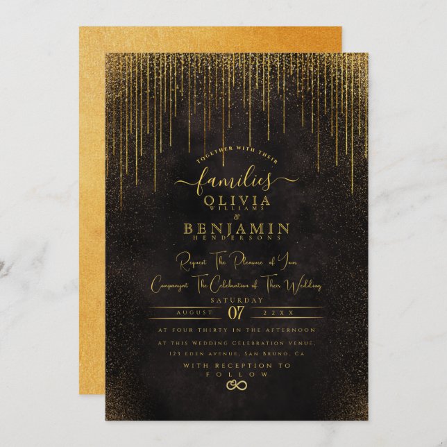 Elegant Sparkly Gold Glitter Foil Chic Wedding Inv Invitation (Front/Back)