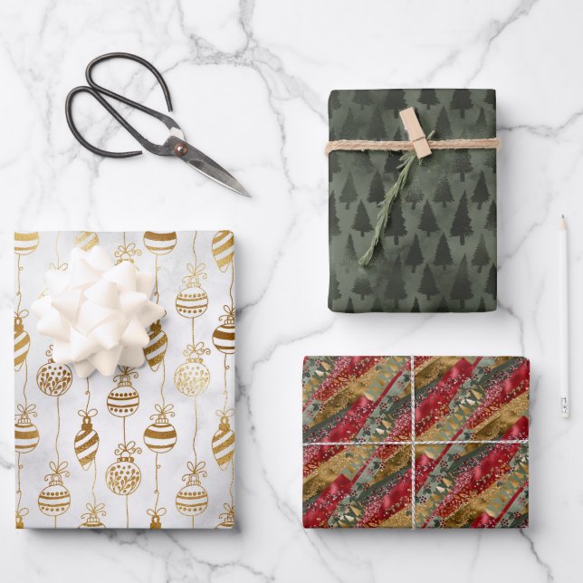 Elegant Sparkly Gold Green Pine Tree Red Wrapping Paper Sheet (Front)