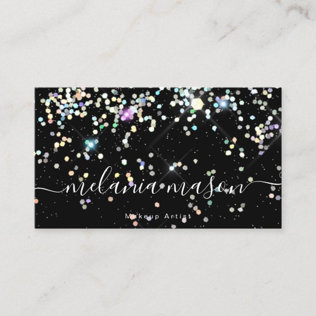 Elegant Sparkly Holographic Glitter Beauty Black B Business Card (Front)