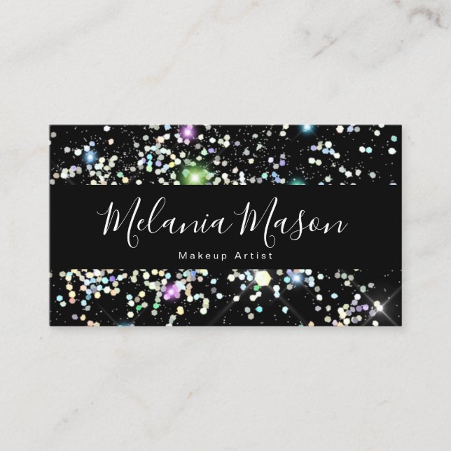Elegant Sparkly Holographic Glitter Beauty Black Business Card (Front)