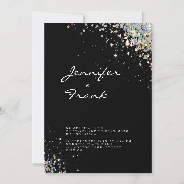 Elegant Sparkly Holographic Glitter Black Modern Invitation (Front)