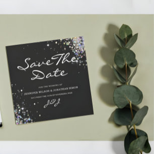 Elegant Sparkly Holographic Glitter Black Modern Save The Date