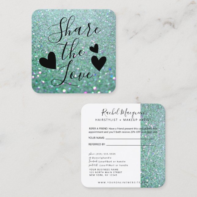 Elegant Sparkly Teal Green Glitter Referral Card (Front/Back)