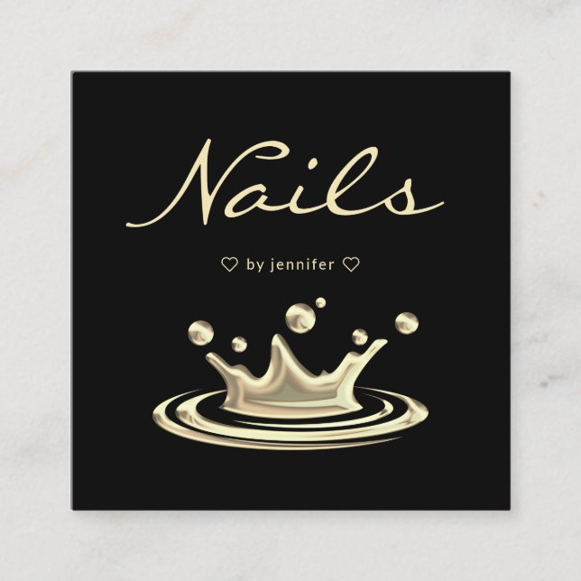 Elegant Splash Gold Polish Modern Nails Black Square Business Card (Front)