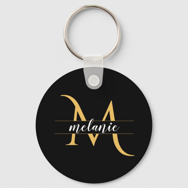 Elegant Split Monogram Gold Black Custom Name   Key Ring (Front)
