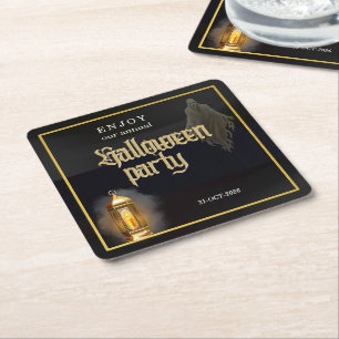 Elegant Spooky Black Gold Lantern Halloween Party Square Paper Coaster