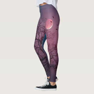 Elegant Spooky Halloween Theme Tree Moon Artwork Leggings