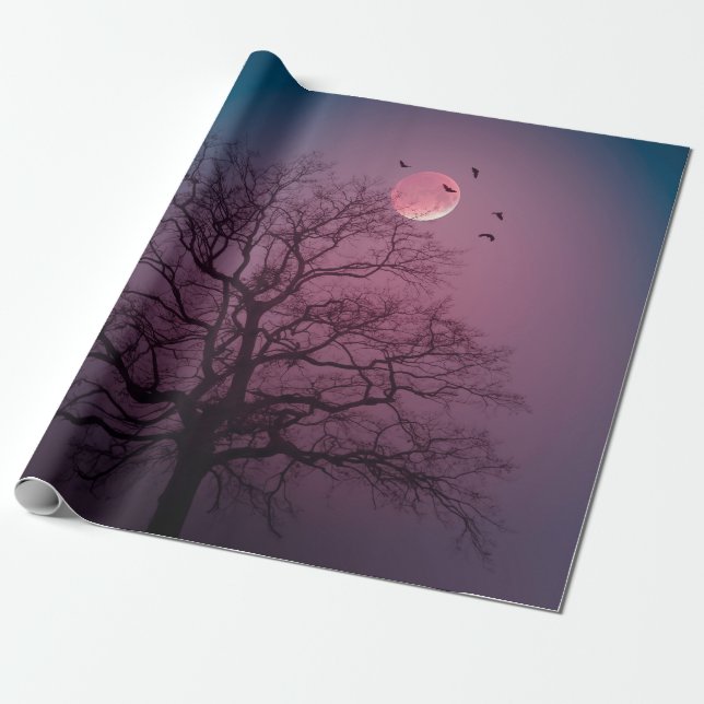 Elegant Spooky Halloween Theme Tree Moon Artwork Wrapping Paper (Unrolled)