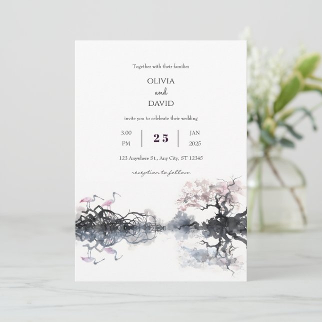 Elegant Spoonbills Couple Watercolor Beach Wedding Invitation (Standing Front)