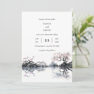 Elegant Spoonbills Couple Watercolor Beach Wedding Invitation