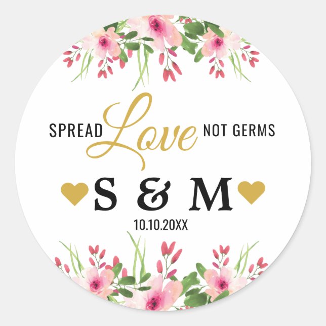 Elegant Spread Love Pink Floral Wedding Monogram Classic Round Sticker (Front)