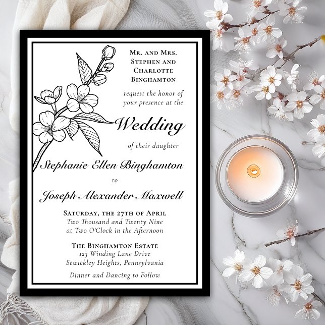Elegant Spring Blossoms Black White Formal Wedding Invitation (Elegant Line Art Spring Blossoms Floral Formal Wedding Black | White Invitations = Print | DIgital)