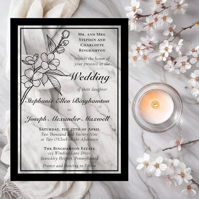Elegant Spring Blossoms Gold White Formal Wedding Acrylic Invitations (Elegant Line Art Spring Blossoms Floral Formal Wedding Black on Clear Acrylic Invitations)