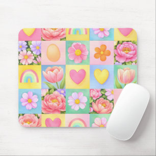 Elegant Spring Blossoms Heart Checkerboard Pattern Mouse Mat
