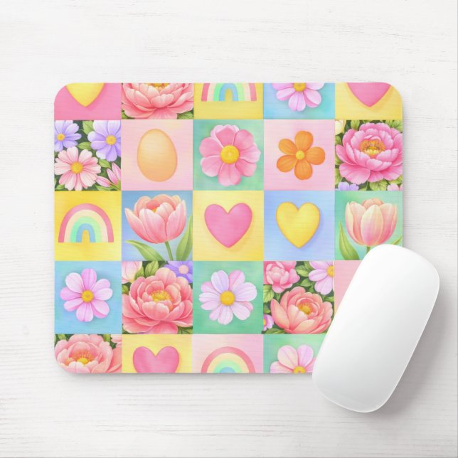 Elegant Spring Blossoms Heart Checkerboard Pattern Mouse Mat (With Mouse)