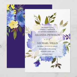 Elegant spring blue and yellow flowers wedding invitation