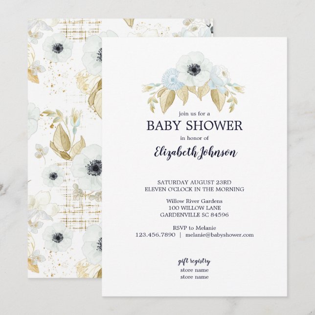 Elegant Spring Blue & White Floral Baby Shower Invitation (Front/Back)